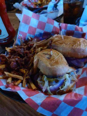 Burger with bacon cheese fries