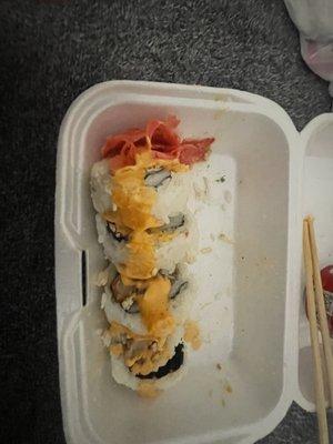 This is a sushi mix roll it is so good id have to say it's my favorite thing on the menu so far and its only my second time eating it.