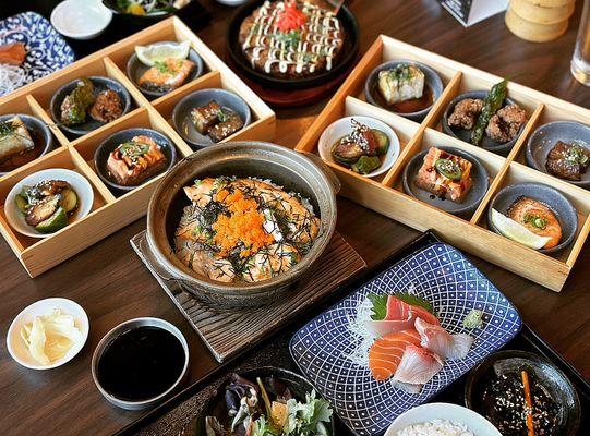 Lunch Kibako Set $35, Salmon Hot rice pot, Vegetable Okonomiyaki