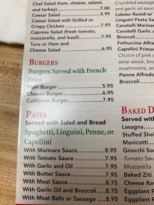 Salads burgers and Pasta