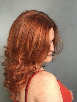 Multi tonal Balayage, cooper-red-gold. Color and Styling by Kenneth Bradshaw.