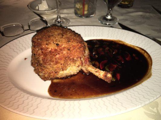 Double-cut broiled pork chop with balsamic reduction- very good!