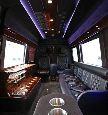 Inside the Mercedes Benz Sprinter Van, supreme Bluetooth Soundsystem, 2 flatscreen monitors and plenty of privacy and comfort.