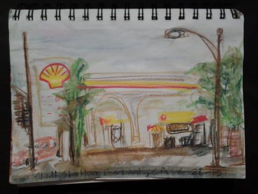 Shell Station exterior view from across the street (urban sketch)