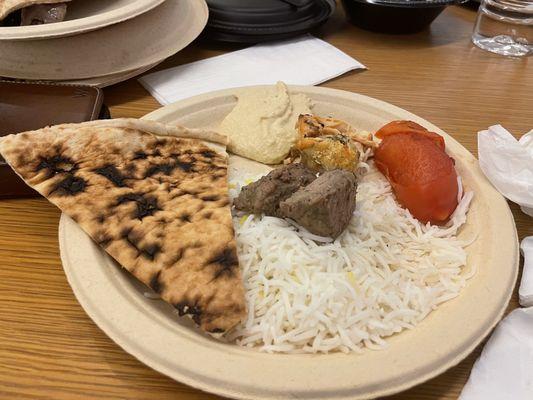 Ground Lamb Kabob | Naan | Rice | Hummus | Salmon Kabob