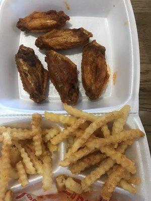 Dry wings and overcooked fries.