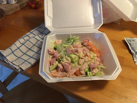 My chef salad from Greg's they charged me $ 7.00 for this as takeout. Wife and I was so disappointed never again...