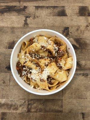 Fresh pappardelle with our Ragu alla Bolognese.