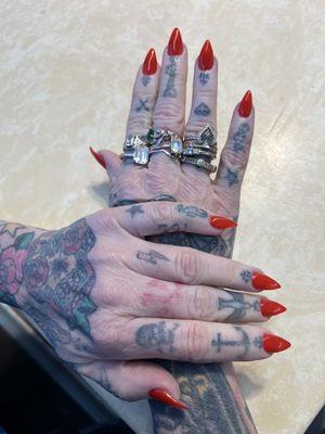 Fresh new hot red stiletto nails thanks to Maria!