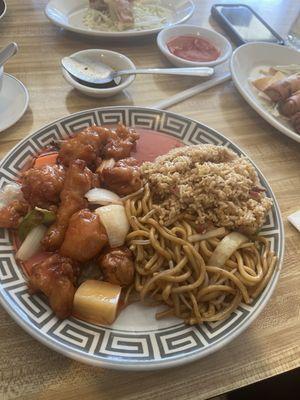 Sweet and Sour Chicken with fried rice and lo main