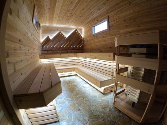 Inside the Sauna hot room. The Team at Sierra Sauna Club custom designed and built this mobile unit themselves!!