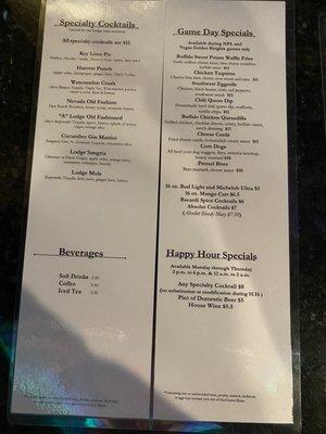 Menu - specialty cocktails, beverages, Game Day Specials (NFL & VGK) and Happy Hour Monday - Thursday 3p-6p and midnight-2a