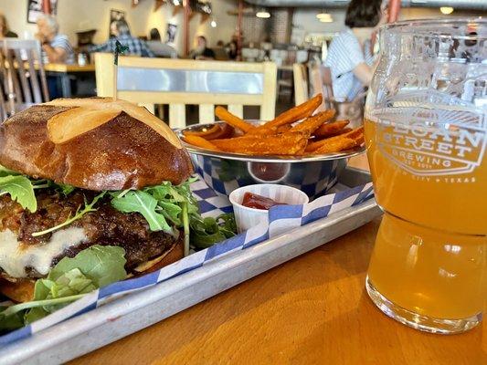 Pretzel jam burger with sweet potato fries