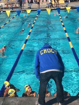 Great Coach! Motivating the swimmers before their meet!