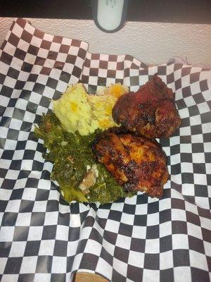 Bbq Chicken with collards and mashers