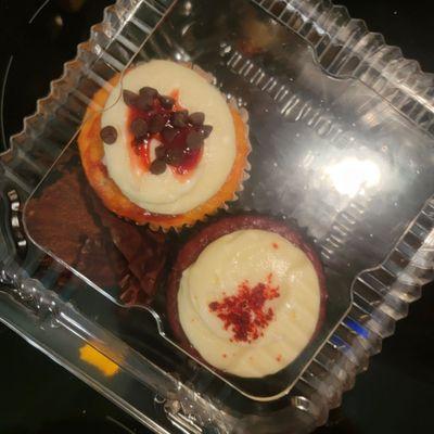 Red velvet, chocolate raspberry, and the (already eaten) double chocolate cupcakes