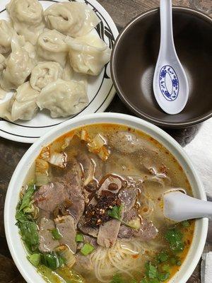 Chicken dumplings and beef noodle soup