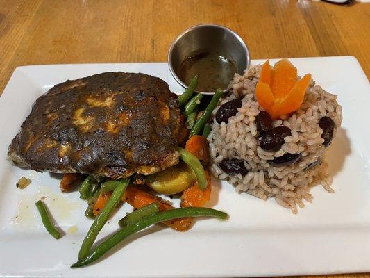 Jerk Pork with rice and beans and vegetables