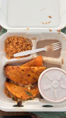 quesobirria tacos with rice and beans