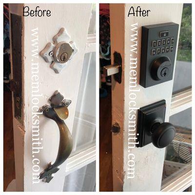 Custom replacement of an old mortise lock with a modern, stylish keypad system and matching doorknob,(customers provided the locks).