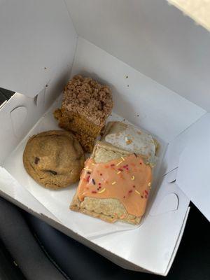 Pop tarts, chocolate puddle cookie and pumpkin coffee cake.