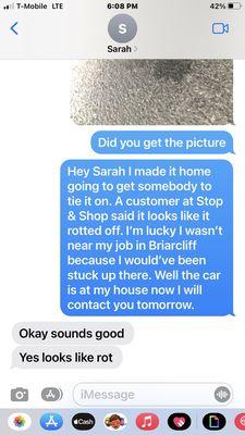 Text between me and Sarah she even said the picture looks like rot. and she was trying to say the pipe was crushed.