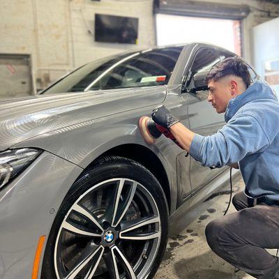 BMW in for paint correction at Blue Star Brothers Auto Spa & Detailing Center in Greenpoint, Brooklyn.