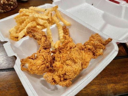 My sad 3 piece chicken tender meal with fries and missing Texas Toast and Cole Slaw. What a waste of my time and money