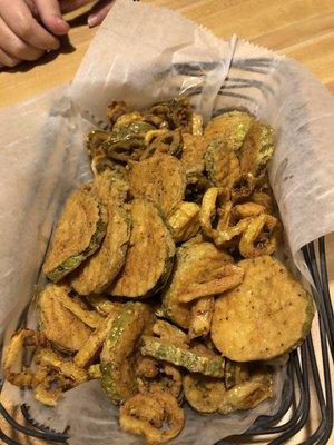 Basket of fried pickles, banana and jalapeno peppers