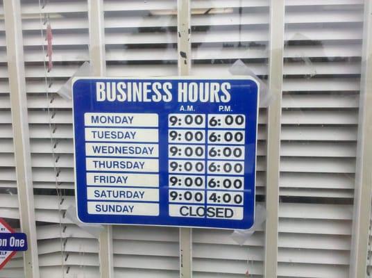 Current Store Hours as of 3/24/11