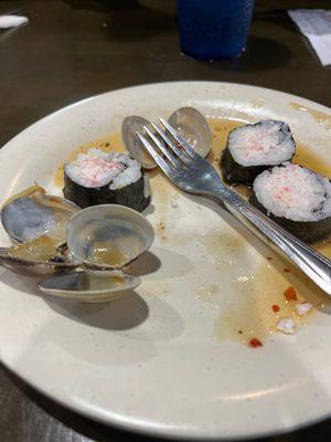 Crab Sushi Roll with Clams and Jello, half eaten lol