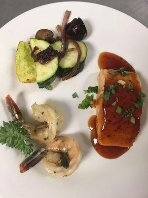 Menu Tasting Dinner Course: Seared Salmon/Maui Ginger Glaze, Colossal Shrimp Scampi, Seasonal Sautéed Vegetables