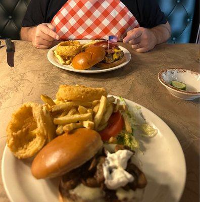 Bison burger and mushroom swiss burger.