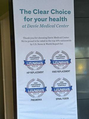 A sign listing Atrium Health Davie Medical Center's National Recognitions.