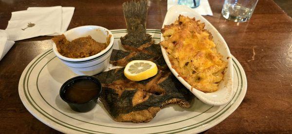 Fried grouper, mac and cheese, sweet potatoes