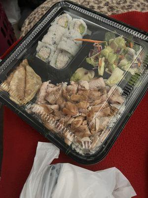 Supersize bento box and I chose the teriyaki chicken, the 3 pc gyoza, and the California rolls