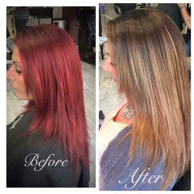 Color removal/correction to a balayage caramel highlight done by Jennie M.