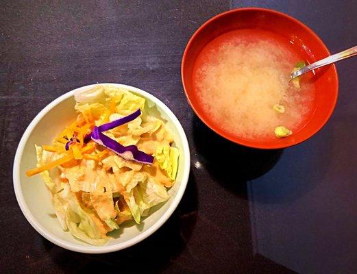 Lunch combo includes soup and salad. Ginger salad (left) and miso soup (right). Pretty good. Love the tofu in the soup.