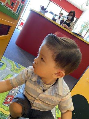 After his haircut! We are VERY happy with the service we received. She was patient, kind and considered our requests.