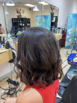 Low Layers, thin out hair and blow dry and curl