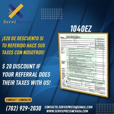 $20 de descuento si tu referido hace sus taxes con nosotros