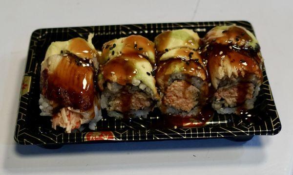 Black dragon roll ; spicy crab meat, crunch, eel, avocado