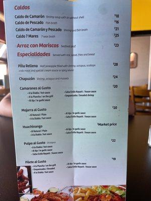 Seafood menu side 2