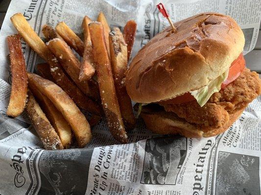 Spicy chicken sandwich with fries