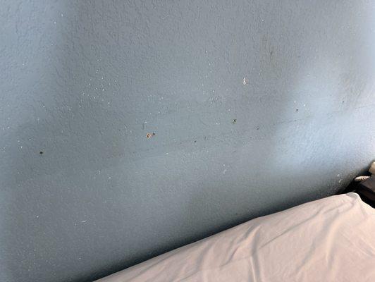 Holes in wall. No headboard. Bare bed with no bedding except a sheet for cover.