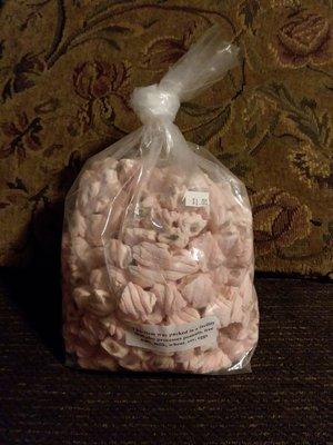 One of many deals!  Strawberry jelly filling in marshmallows.   One dollar for this large bag!