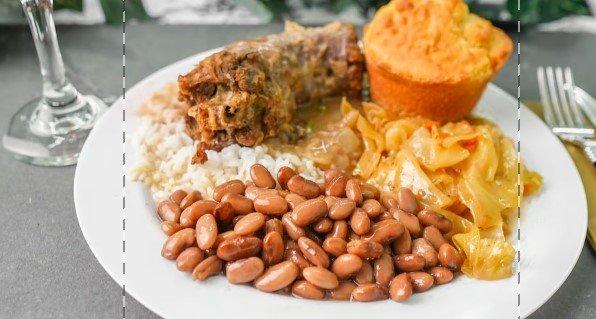 Pinto Beans And Turkey Neck Corn Muffin and Cabbage