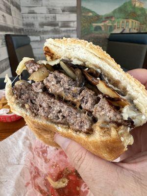 BYO with mushrooms, onions and Swiss and two smash B's