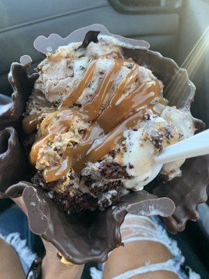 Dough-lightful Peanut Butter Creation + Chocolate Dipped Waffle Bowl. Absolutely delicious! It tastes just like Peanut Butter Cookie Dough!