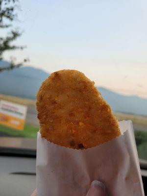 A majestic photo of a hash brown. There's a nice mountain view in the parking lot!